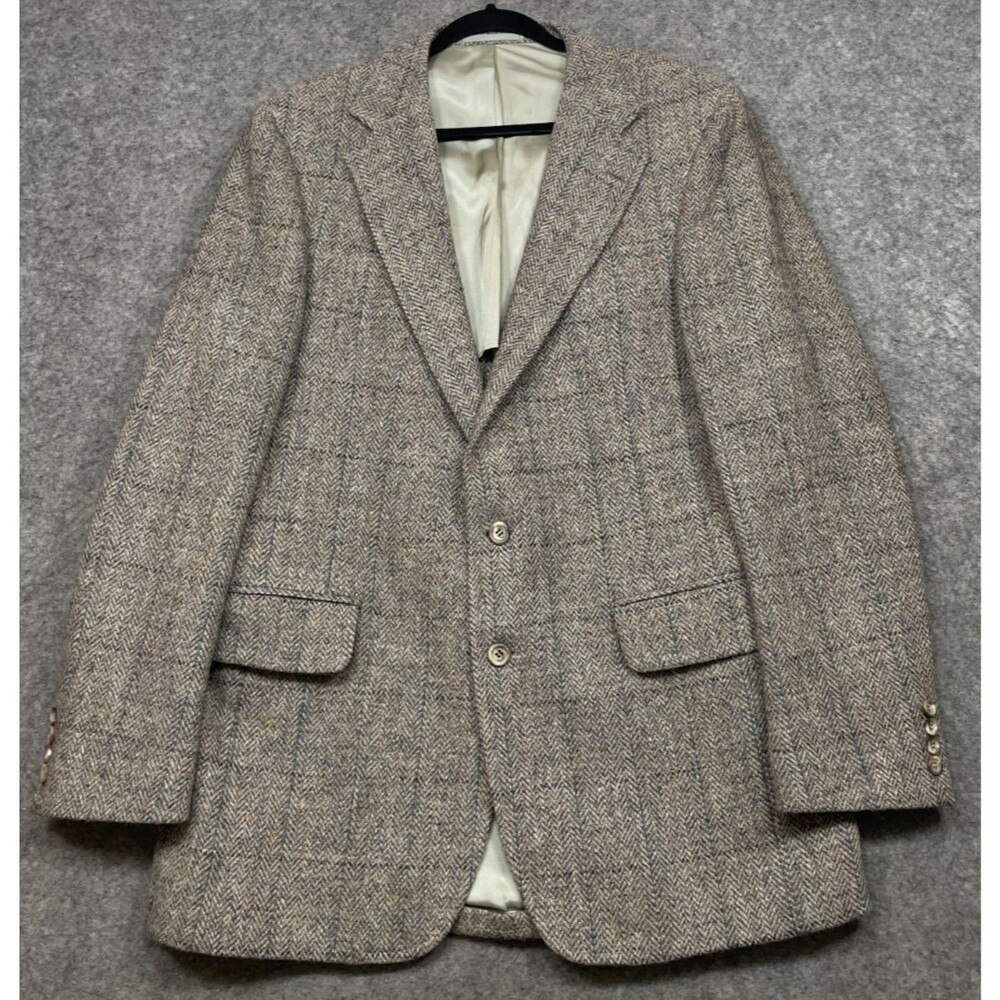 Vintage Harris Tweed Blazer Sport Coat Jacket Men 42L Beige Tan Wool Herringbone
